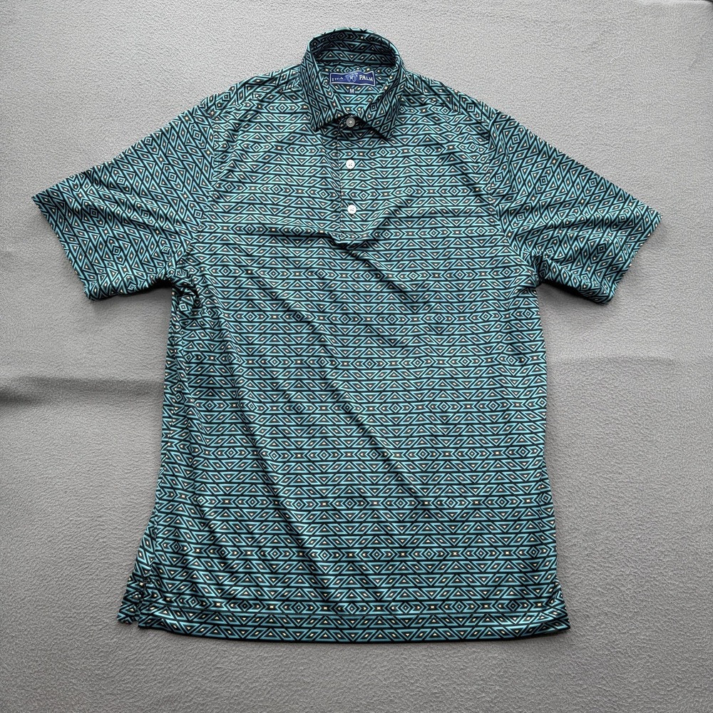 USA Palm Polo Shirt Mens Medium Blue Geometric Print Golf Performance Stretch